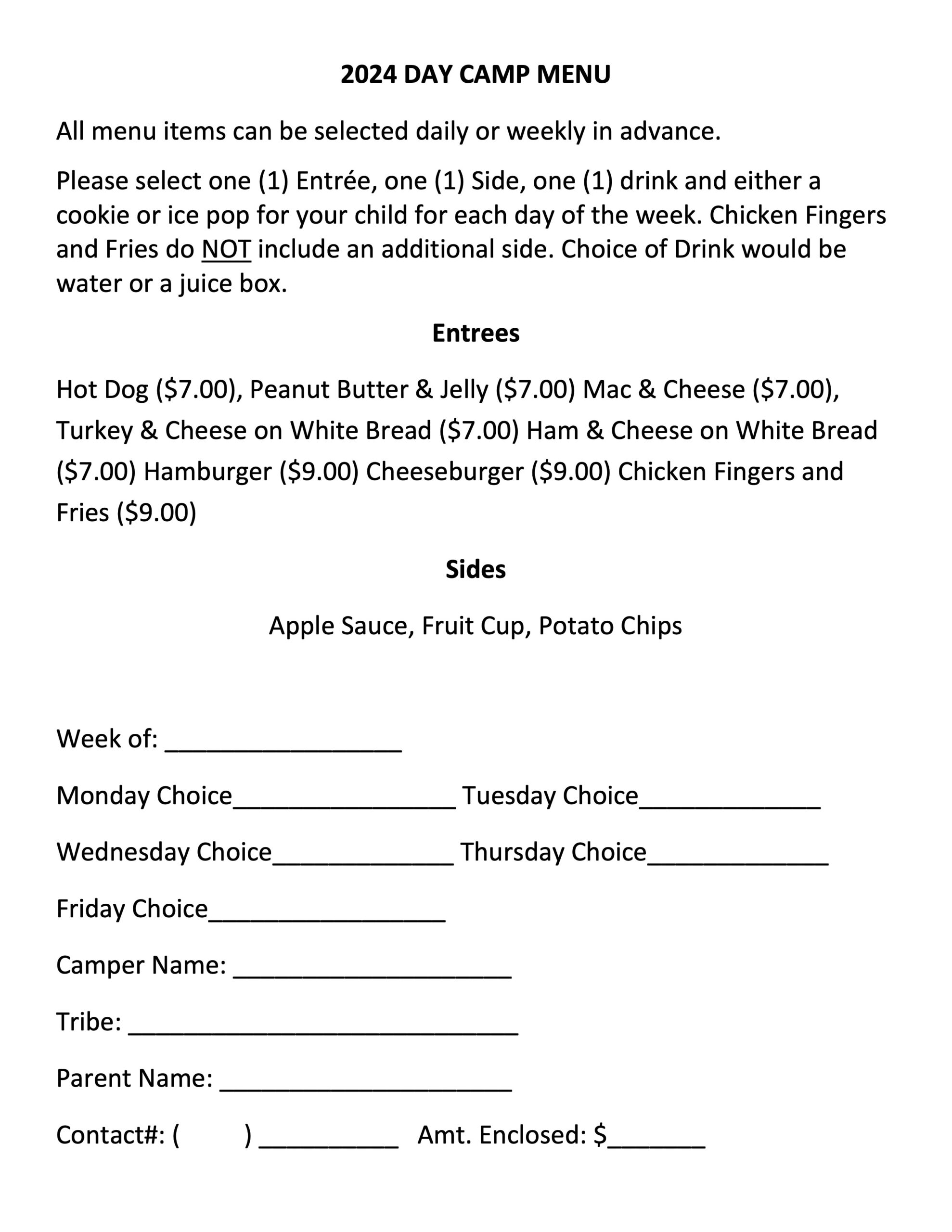 Lunch Menu Harleysville Summer Day Camp